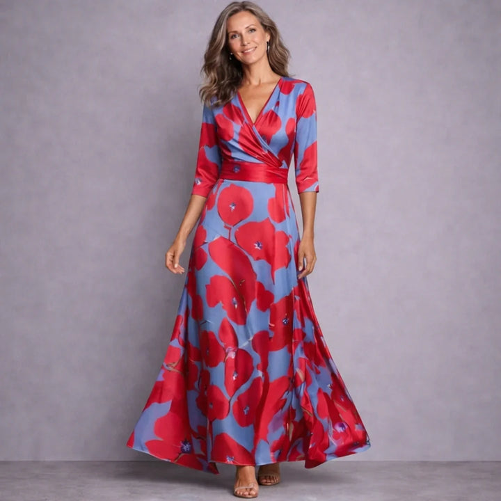 Women's White Floral Maxi Dress in Red/Blue
