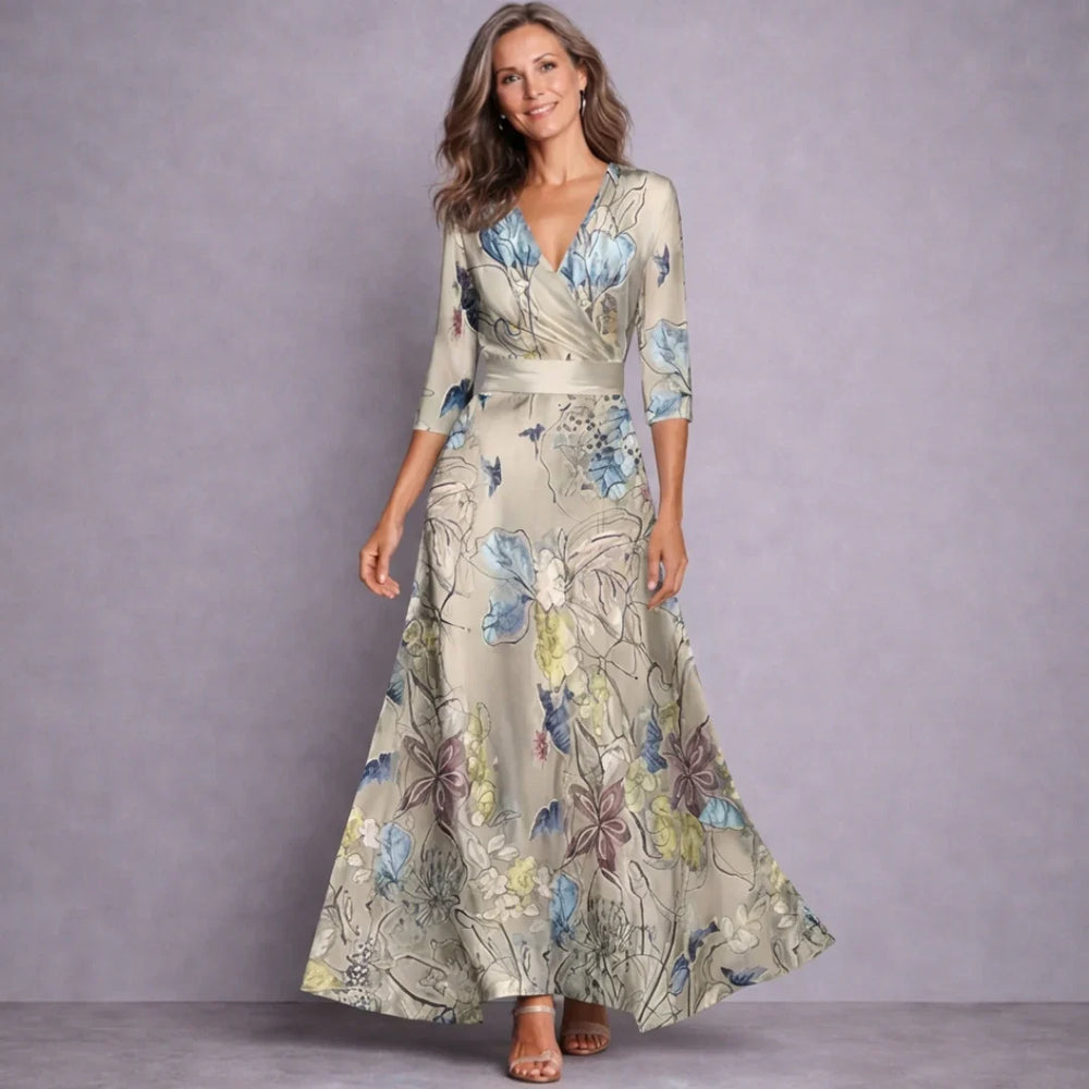 Women's White Floral Maxi Dress in Sand/Beige