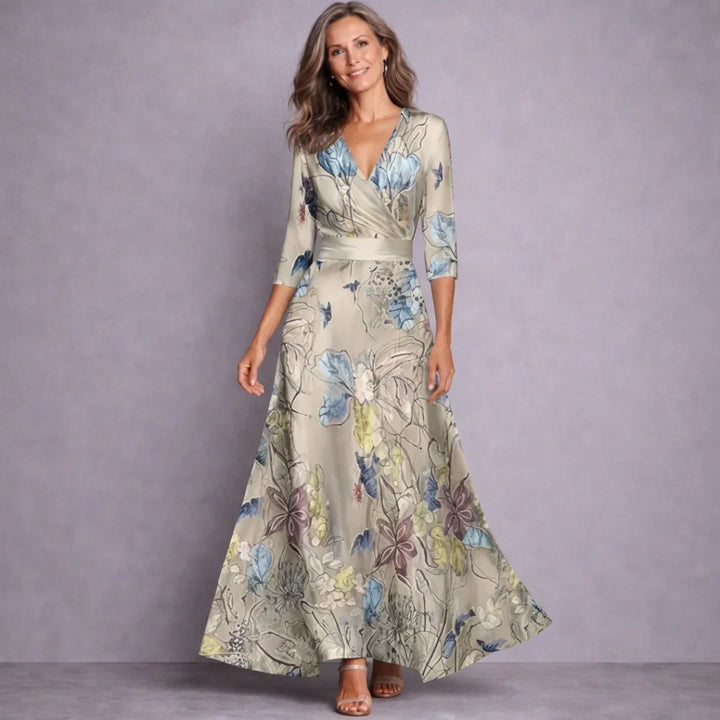 Women's White Floral Maxi Dress in Sand/Beige