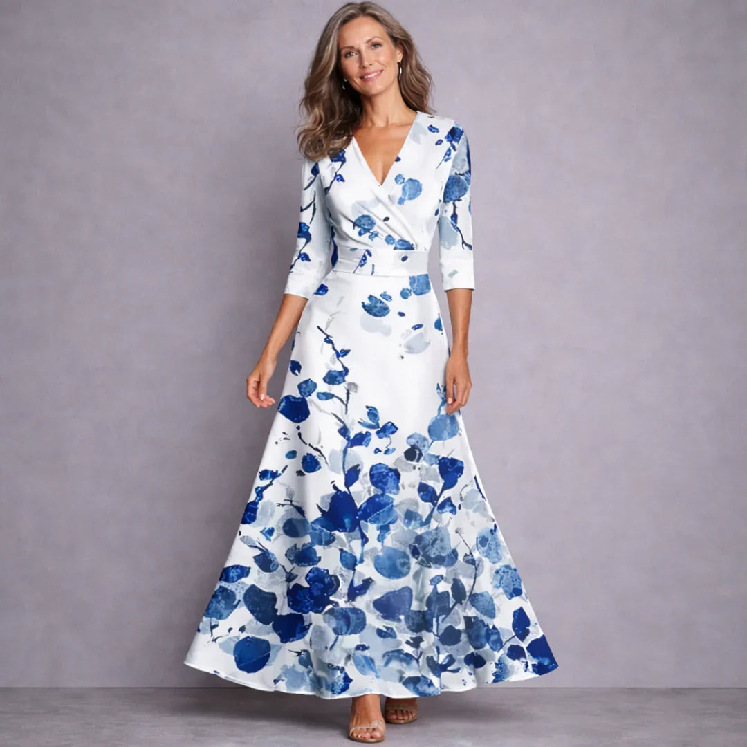 Women's White Floral Maxi Dress in White/Blue