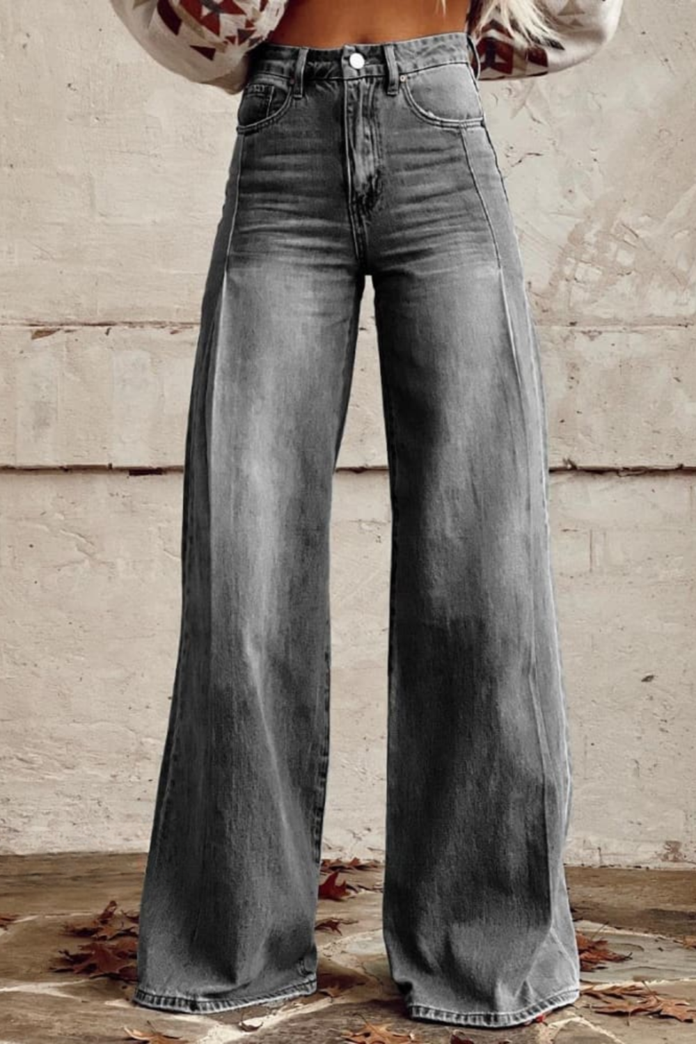 Women's Wide-Leg Boho Print Jeans for Fall in Grey
