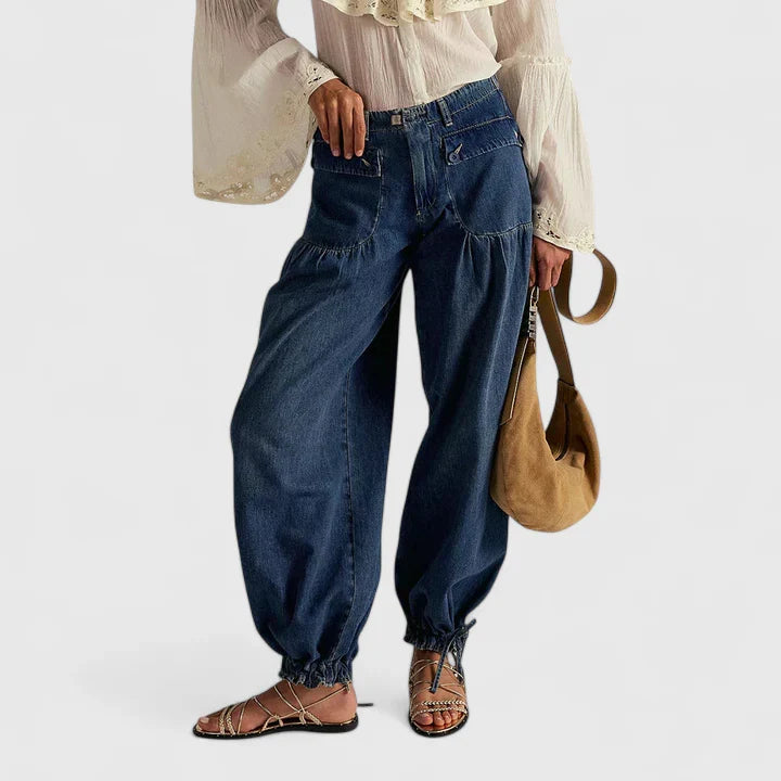 Women's Wide Leg Pants with Bohemian Ease in Dark Blue