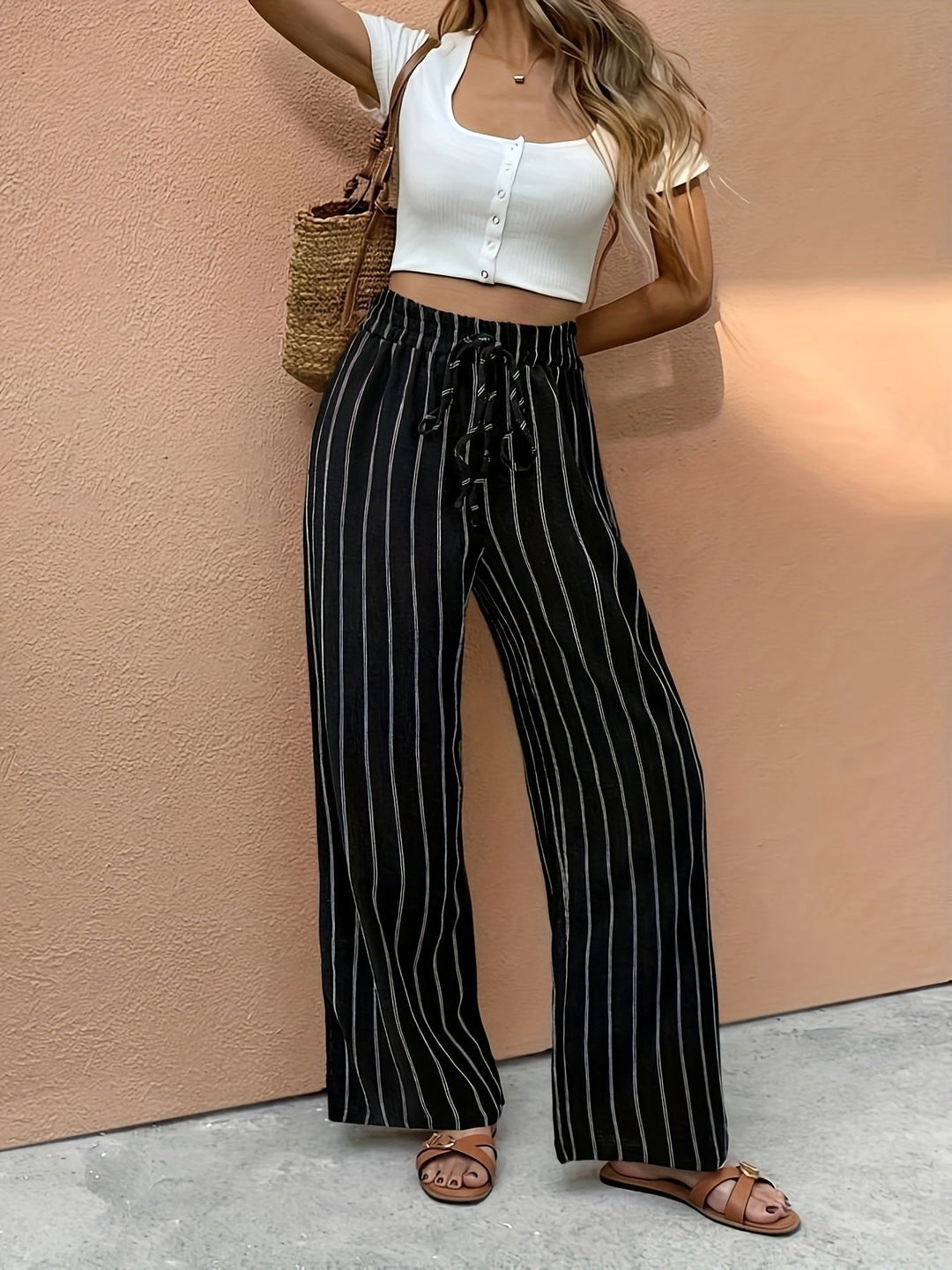Women's Wide Leg Pants with Drawstring Waist in Black