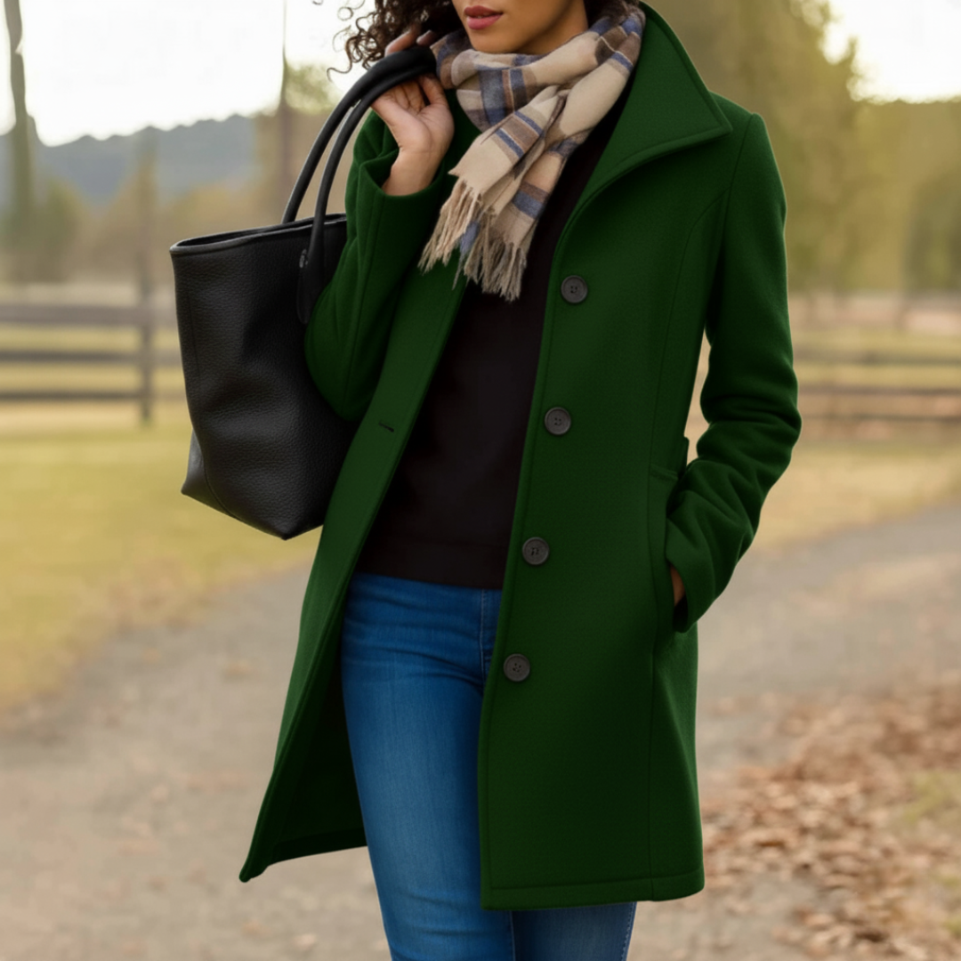 Women's Winter Coat Classic Button Mid-Length in Dark Green