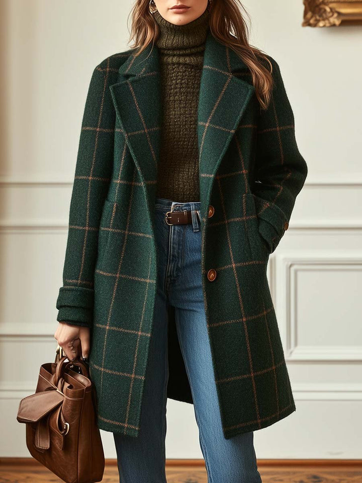 Women's Winter Coat in Tailored Plaid Tweed in Dark Green