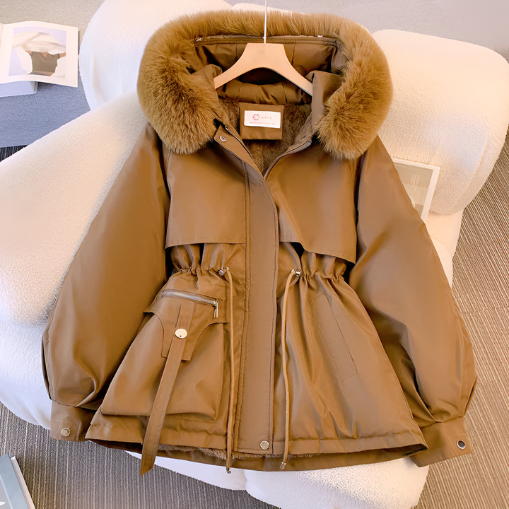 Women's Winter Jacket with Faux Fur Collar in Coffee