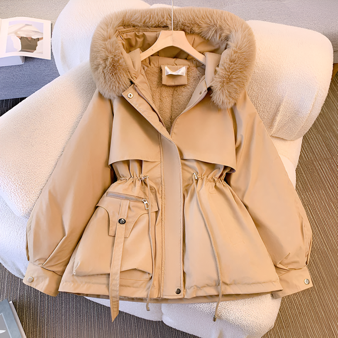 Women's Winter Jacket with Faux Fur Collar in Khaki