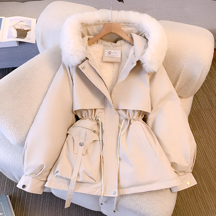 Women's Winter Jacket with Faux Fur Collar in White