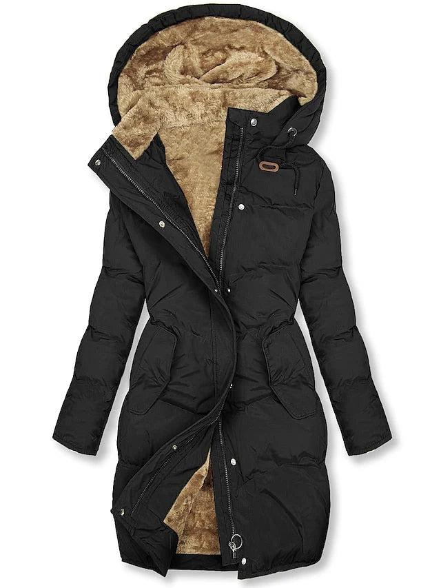 Women's Winter Jacket with Long Quilted Hood in Black