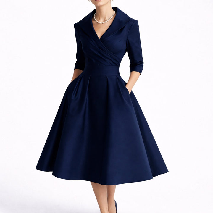 Women's Wrap Bodice A-Line Fall Wedding Guest Dress in Navy