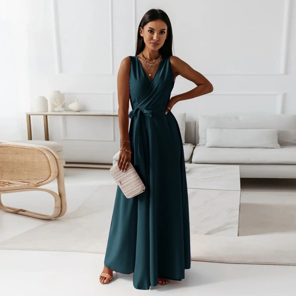 Women's Wrap Maxi Fall Wedding Guest Dress in Dark Green