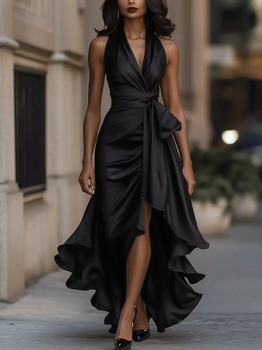 Women's Wrap Party Dress for Fall Weddings in Black