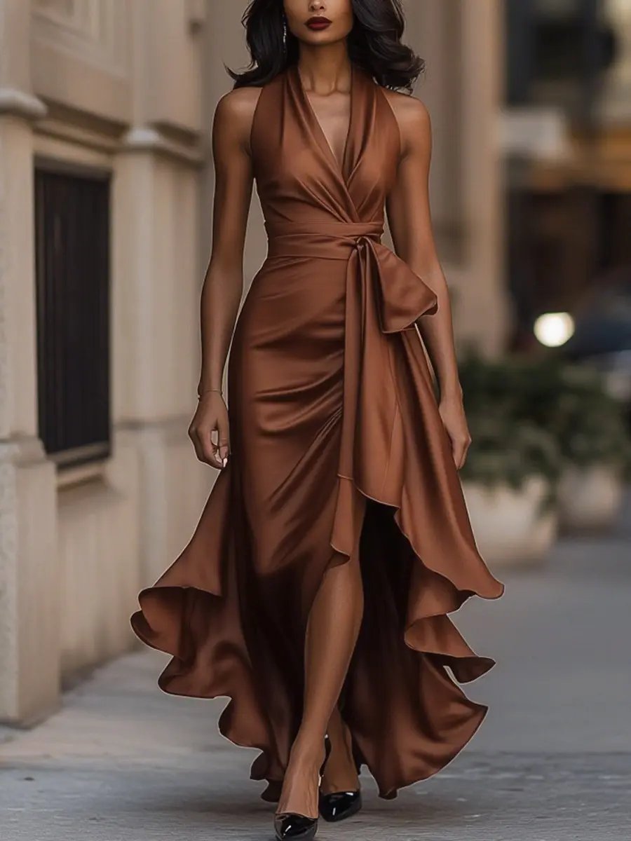 Women's Wrap Party Dress for Fall Weddings in Brown