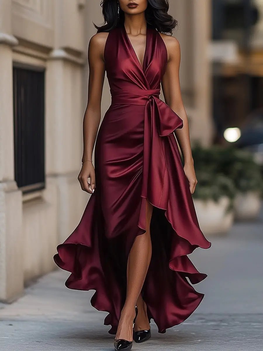 Women's Wrap Party Dress for Fall Weddings in Burgunder