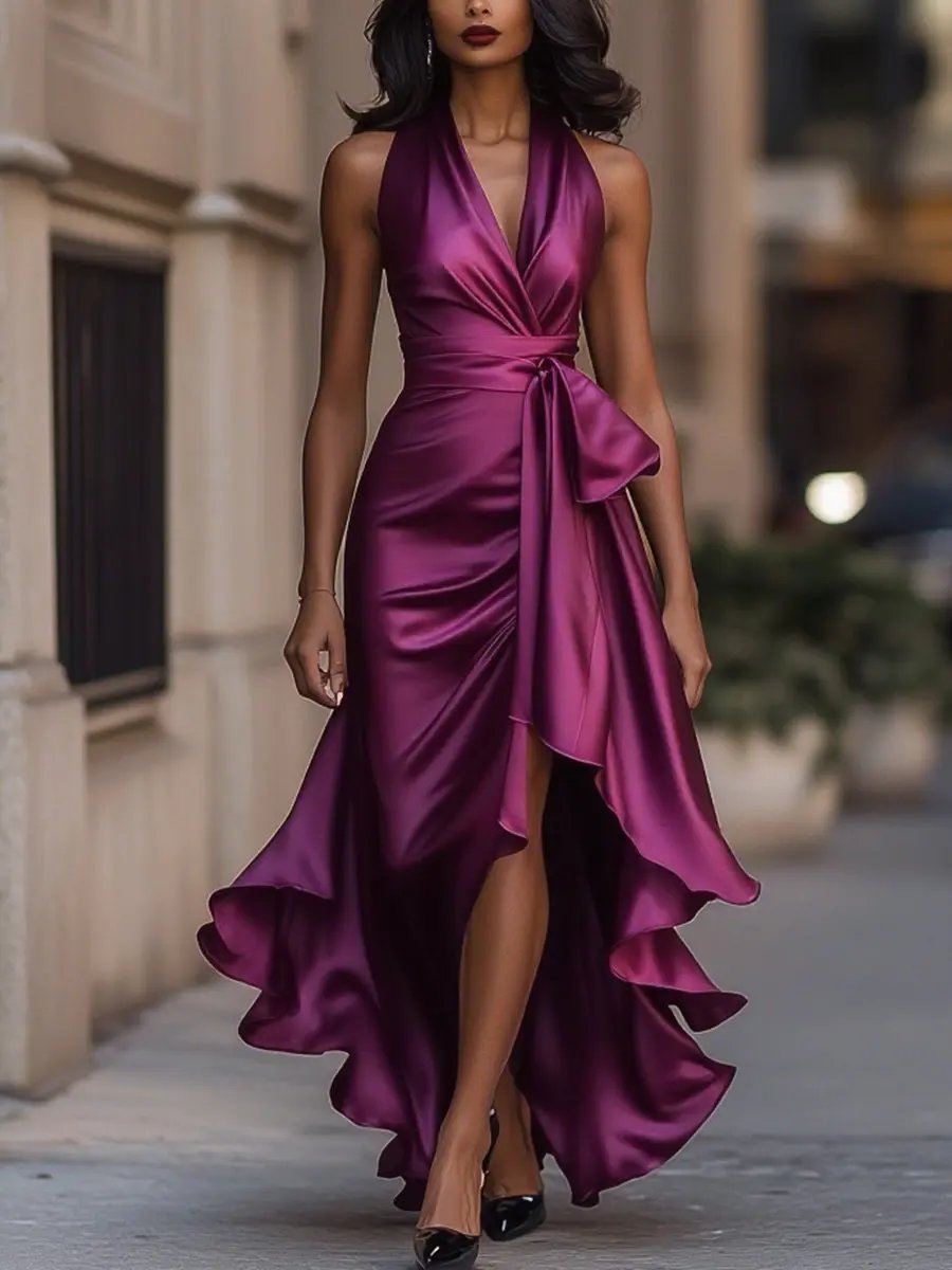 Women's Wrap Party Dress for Fall Weddings in Fuchsia